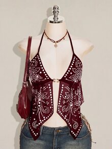 SHEIN ICON ملابس علوية نسائية Y2k سوداء مثيرة بتصميم قوطي مع مسامير معدنية وشبكة برقبة معلقة وحافة مشقوقة مثيرة - عنابي اللون - مشاهدة 4