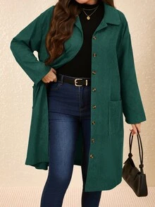 EMERY ROSE Plus Size Country Outfits Women Corduroy Double Pocket Button Placket Midi Coatan,Fall Women Clothes - Dark Green - View 7