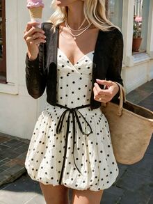 Cévolie Valentine's Day Date Outfit French Polka Dot Elegant Dress And Cardigan 2 Pieces Set - Black and White - View 3