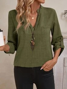EMERY ROSE Women's Spring All-Over Print Notch Collar 3/4 Sleeve Work Shirt - Dark Green - View 6