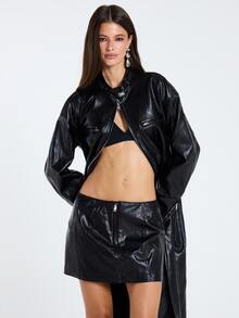 MUSERA Rok Mini Hitam PU Pinggang Rendah untuk Wanita, Pakaian Kasual Musim Gugur dan Musim Dingin - Hitam - View 1
