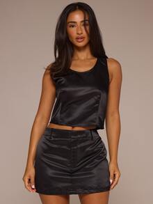 MUSERA ESSENTIALS Black Satin Plunge Racerback Crop Top Autumn Winter Night Out Day To Eve - Black - View 1