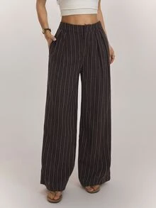 SHEIN PETITE Brown Striped Loose-Fit Trousers For Petite Women – Casual Workwear - Rust Brown - View 4