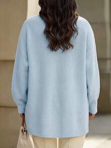 SHEIN LUNE CURVE 大尺碼女款休閒秋冬中長版開襟衫，翻領設計，單排金屬手工縫製鈕扣，落肩設計與燈籠袖 - 淺藍色 - 查看 2