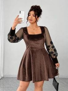 Elenzga Women's Plus Size Square Neck Solid Color Mesh Patchwork Embroidered Long Sleeve Cinched Waist Full Skirt Elegant Dress - Brown - View 4