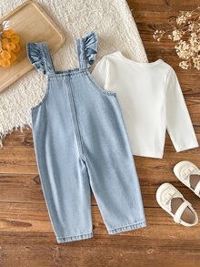 Cozy Pixies Infant (Girl) Denim Cute Sweet Playful Strawberry Pattern Ruffle Collar Denim Print Jumpsuit - Blue - View 2