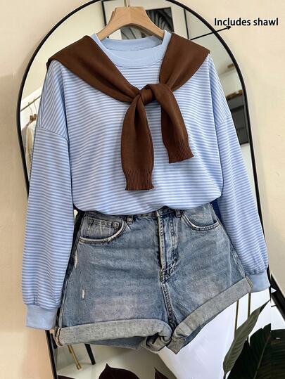 INAWLY Casual Striped Crew Neck Loose Top Paired With Knitted Shawl, Minimalist Commuter Elegant Layered Sweatshirt