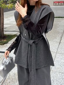 FRIFUL Women's Elegant Casual Grey V-Neck Tie Waist Vest Office Formal Black Winter - Grey - View 5
