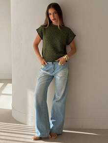 Aloruh Women's Round Neck Contrast Trim Shell Embroidery Sweater Vest, Suitable For Daily Wear - Army Green - View 6