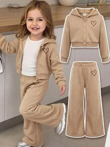 Baby Girls Heart Pattern Zipper Pullover Jacket And Loose Sweatpants Set - Khaki - View 3