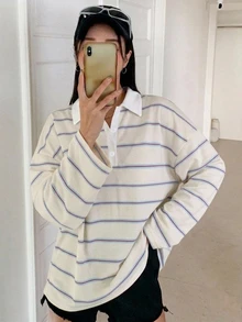 DAZY 女款條紋寬鬆 Polo 領落肩長袖休閒 T 恤 - 杏色 - 查看 1