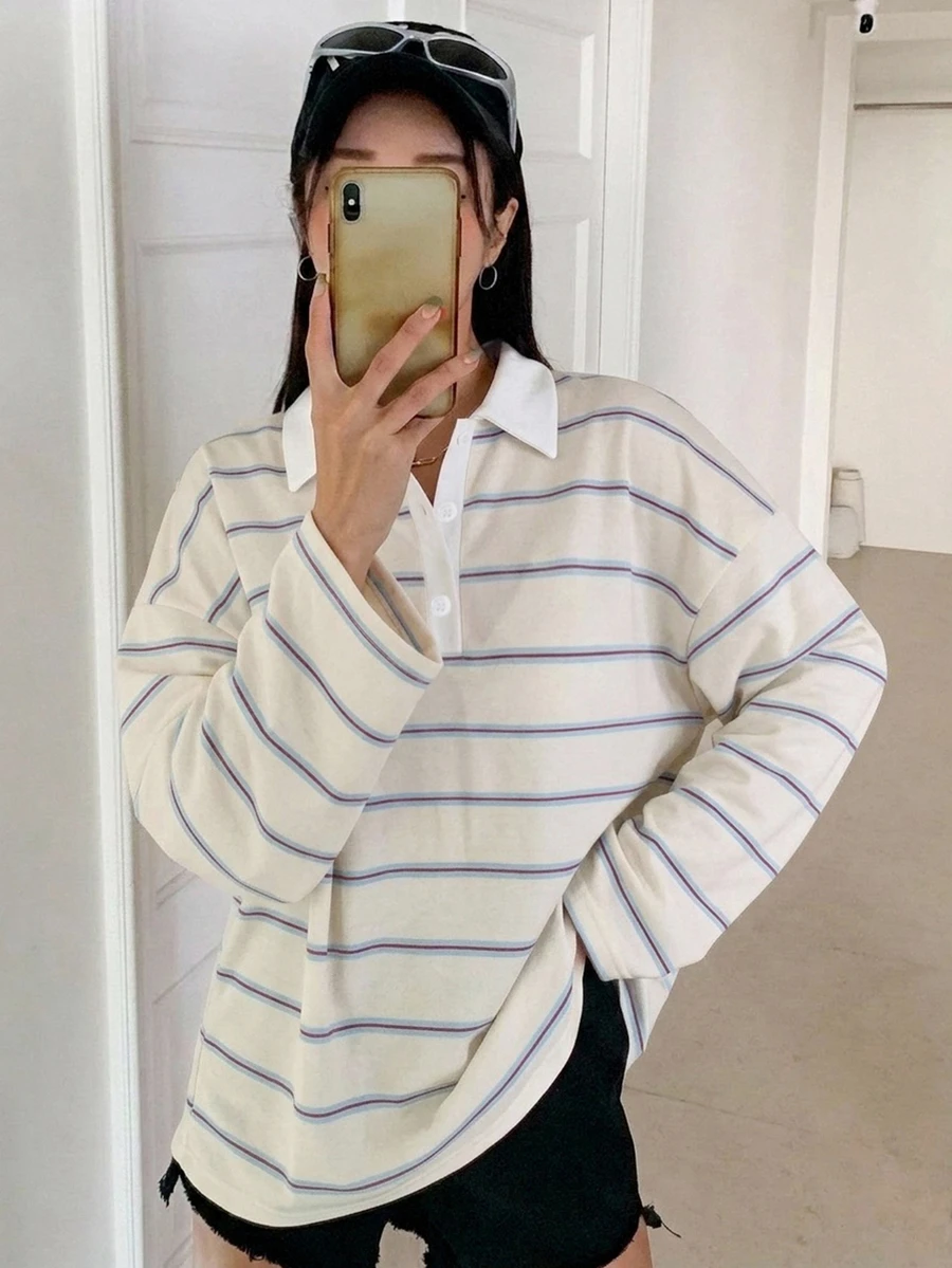 DAZY 女款條紋寬鬆 Polo 領落肩長袖休閒 T 恤 - 杏色 - 查看 1