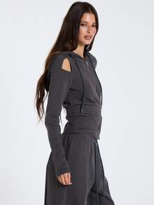 MUSERA Hoodie Abu-abu dengan Resleting dan Detail Potongan, Pakaian Kasual Wanita untuk Musim Gugur dan Musim Dingin. - Grey - View 3
