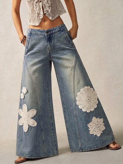 Bohemela Blugi palazzo din denim pentru femei, stil boho, cu aplicații din dantelă, talie înaltă, croială largă, spălare deschisă, decorațiuni florale, cu buzunare, vintage cottagecore