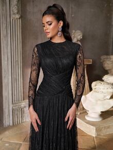 Aureia Elegant Romantic Fashionable Graceful Lace Fabric Cup Pleated Decoration Pleated Hem Super Full Skirt Elegant Party Dress Wedding Guest Dress Bachelorette Party Dress Formal Evening Gown - Black - View 5