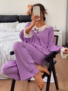 DAZY Women's Contrast Lace Ruffle Long Sleeve Top And Long Pants Pajama Set - Purple - View 1