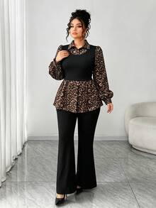 Elenzga Plus Size Casual Versatile Commute Patchwork 2 In 1 Shirt Top + Versatile Minimalist Flared Long Pants 2 Pieces Set - Multicolor - View 4