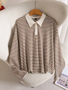 CosyJoli Áo nỉ dài tay nữ kẻ sọc phối màu tương phản, vạt trước nửa cài cúc - màu nâu - Xem 1