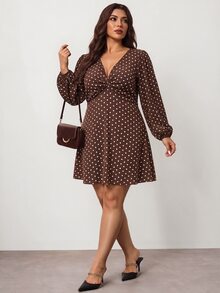 Enliva Plus Size V Neck Polka Dot Dress For Date Night And Brunch - Brown - View 5