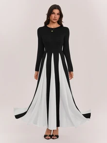 SHEIN Tall Elegant, Oversized, Long, And Wide Black-And-White Color-Block Dress For Tall Muslim Women. - Black - View 3