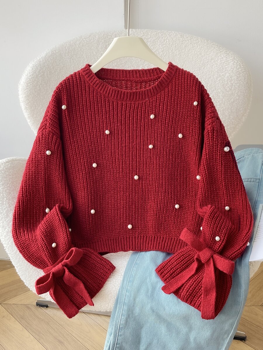 SHEIN 少女女孩秋冬休閒優雅紅色針織珠飾袖口蝴蝶結圓領套頭毛衣,適合返校、日常穿著、聖誕紅色毛衣 - 紅色 - 查看 1