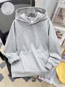 SHEIN 青少年男孩休閒寬鬆舒適百搭純色運動衫，秋冬女款衣物 - 灰色 - 查看 1