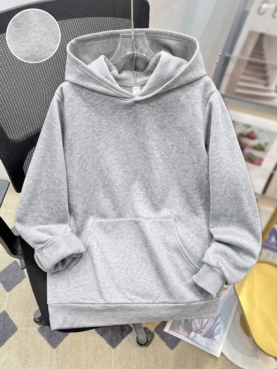 SHEIN 青少年男孩休閒寬鬆舒適百搭純色運動衫,秋冬女款衣物 - 灰色 - 查看 1
