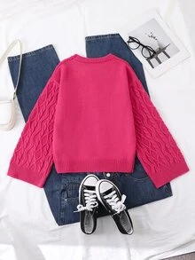 SHEIN Tween Girl Cable Knit Crew Neck Long Sleeve Casual Loose Sweater - Red - View 2