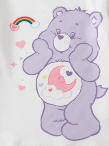 SHEIN X Care Bears GraphicGems 2件組秋冬少女聯名可愛卡通彩色彩虹熊印花柔軟舒適貼身高彈薄款圓領套頭長袖長褲家居服套裝 - 紫色 - 查看 4