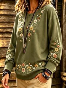 EMERY ROSE Plus Size Women's Army Green Floral Sweatshirt, Crew Neck Long Sleeve Casual Pullover, Autumn Winter Thanksgiving Brunch - Army Green - View 3