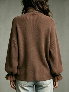 LUMIGAL Women's Solid Color High Neck Drop Shoulder Long Sleeve Loose Top - Apricot - View 2