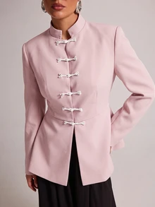 SHEIN BAE 奶油色青蛙鈕扣荷葉邊西裝外套，黑色對比結飾立領西裝夾克，適合工作、晚餐、辦公室、夏季、賓客穿著、婚禮優雅造型 - 粉色 - 查看 7
