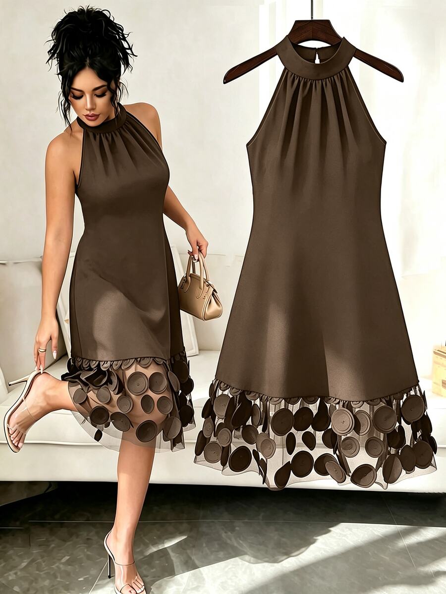 GlowEve CURVE Plus Size Elegant Patchwork 3D Mesh Sleeveless Dress - Coffee Brown - View 1