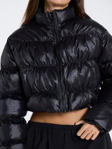 MUSERA Jaket Puffer Hitam Oversized Pendek untuk Wanita, Pakaian Kasual Musim Gugur dan Musim Dingin - Hitam - View 5