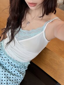K-Vae Korean Style Sexy Lace Patchwork 2 In 1 Camisole Tank Top - Green - View 4