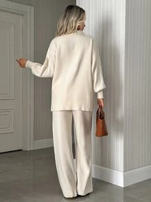 SHEIN Women's Rib Knit Collared Sweater & Wide Leg Pants 2 Pieces Lounge Set - Cream - View 2