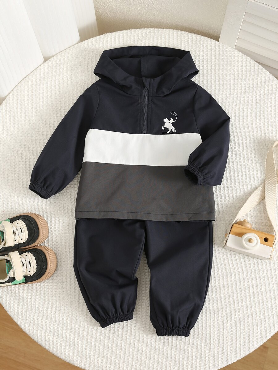 SHEIN 2pcs/Set Baby Boy Autumn/Winter Colorblock Hooded Long Sleeve Pullover Sweatshirt & Elastic Waist Long Pants Outfit, Infant Toddler Blue Set - Multicolor - View 1