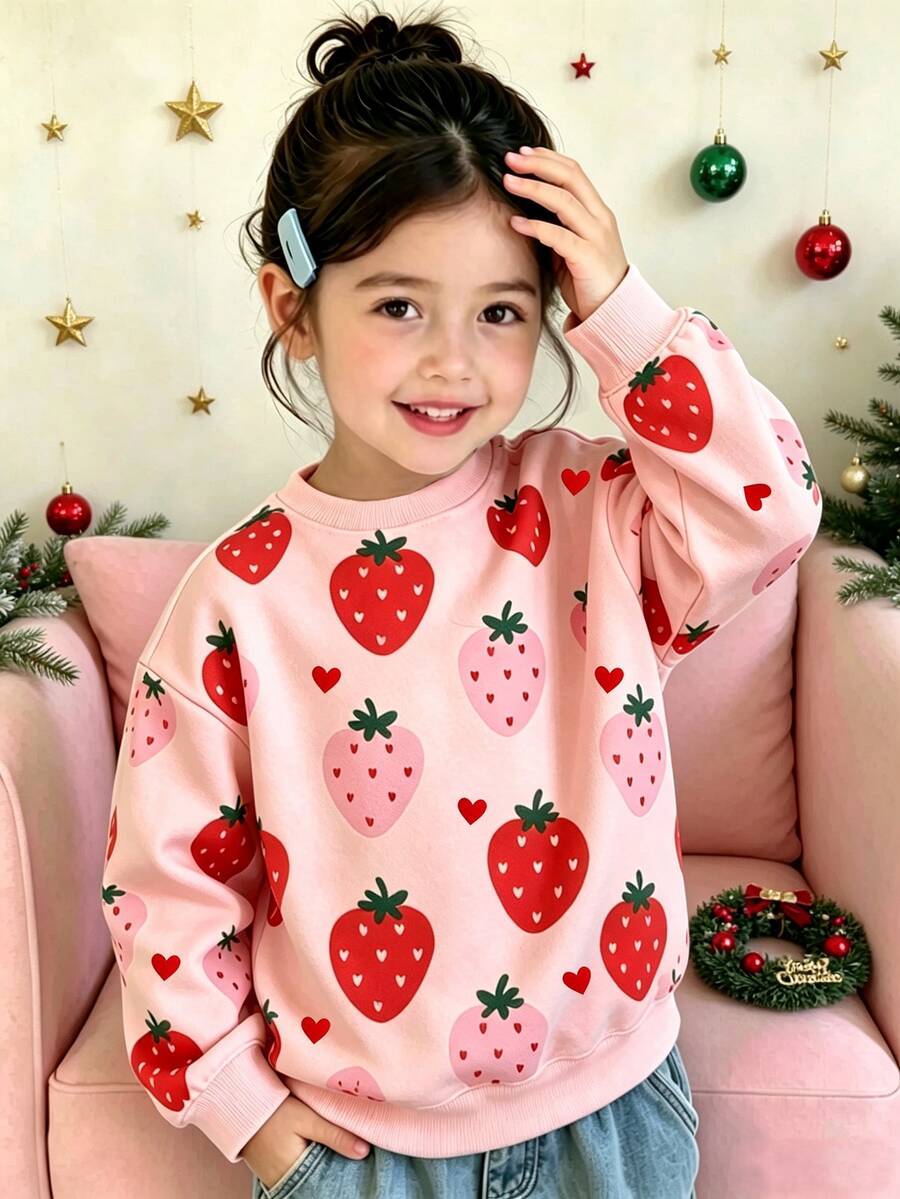 秋冬甜美可愛紅粉草莓運動衫,INS風時尚休閒水果套頭上衣,日常返校少女服飾 4-7歲 - 彩色 - 查看 1