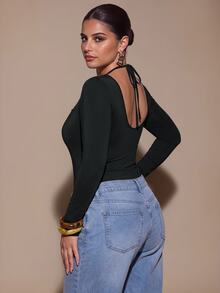 SHEIN BAE CURVE بودي سوت كاجوال يومي للنساء بمقاس كبير مع تفاصيل دانتيل وقطع قماشية - الأسود - مشاهدة 10