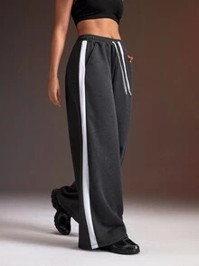Powerista Women's Drawstring Elastic Waist Double Pocket Side Contrast Stripe Casual Loose Sports Pants - Dark Grey - View 4