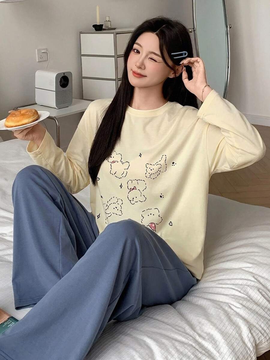 DAZY 2pcs Happy Puppy Pattern Loose Long Sleeve T-Shirt & Straight Leg Long Pants Women's Pajama Set - Yellow - View 1