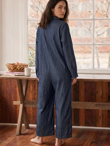 Livesso Women's Minimalist Pocket Long Sleeve Loungewear Jumpsuit - Navy Blue - View 2