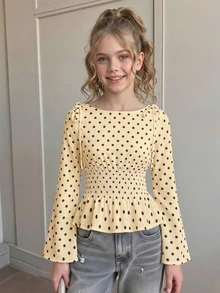 Blus Anak Perempuan Remaja Motif Polkadot Cokelat Musim Gugur dengan Pinggang Berkerut, Model Lucu untuk Sekolah - Kuning - View 1