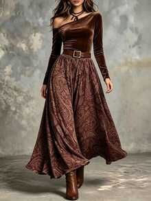 LUMIGAL Women's Elegant Printed Velvet Asymmetrical Shoulder Set - Brown - View 5