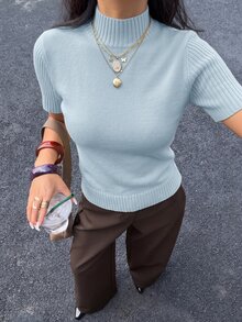 Siren Gaze 女款素色高領短袖針織上衣毛衣 全季新年夏季休閒端莊教師節辦公穿搭 - 淺藍色 - 查看 6