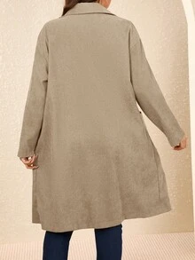 Rosumi 大尺碼女款鄉村風燈芯絨雙口袋鈕扣門襟中長版外套，秋季女裝 - 卡其色 - 查看 2