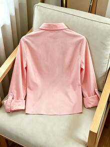 Franclia Blus Wanita Lengan Panjang Warna Pink Musim Semi/Gugur dengan Tali Pinggang dan Manset Gulung, Panjang Pendek yang Melangsingkan - Berwarna merah muda - View 2