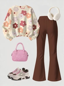 Tween Girls Casual Minimalist Cute Floral Pattern, Maillard Color Palette, Loose Round Neck Long Sleeve Sweatshirt & Flare Pants 2 Pieces Set, Suitable For Autumn/Winter, Fall Style, Fall Outfits, Winter, Autumn, Fall Sets - Multicolor - View 2