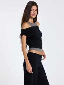 MUSERA Black Layered Detail Top Fall Winter Women Outfit Casual - Black - View 3