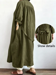 Linhara CURVE Women's Long Casual Linen Jacket, Outdoor Casual, Commute Top - Army Green - View 2
